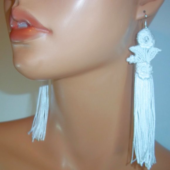 White Flower Lace Tassel Earrings, Long White Earrings, White Tassel Earrings - Picture 2 of 4
